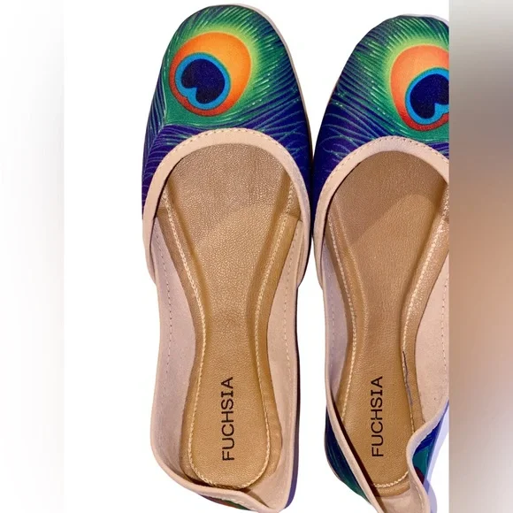 Fuchsia Artisan Made Peacock Print Flats Women’s Size 9 - Picture 3 of 16